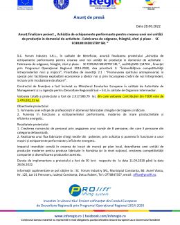 Anunț finalizare proiect 'Achiziția de echipamente performante pentru crearea unei noi unități de producție în domeniul de activitate - Fabricarea de odgoane, franghii, sfori și plase - FORUM INDUSTRY SRL - 2