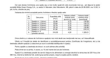 Anunț  privind „Închirierii de spații din Corpul Administrativ a societății Midia Green  Energy S.A.” - 2