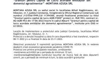 Anunț privind finalizarea implementării proiectului “Granturi pentru Capital de Lucru acordate entităților din domeniul agroalimentar” -MONTANA AZUGA SRL - 2