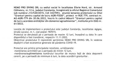 Anunț privind începerea implementării proiectului “Granturi pentru Capital de Lucru acordate entităților din domeniul agroalimentar” –NEMO PRO DIVING SRL - 2