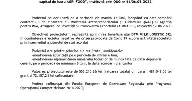 DTM MILK LOGISTIC S.R.L., anunta lansarea proiectul cu titlul ” Grant - Achizitii conform OUG 61” - 2
