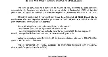 AGRO DIMAS S.R.L., anunta lansarea proiectul cu titlul ” GRANT - Achizitii conform OUG 61” - 2