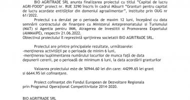 Anunt finalizare proiect grant pentru capital de lucru AGRI- FOOD acordat lui BIO AGRITRADE SRL - 2