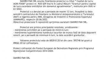 Anunț finalizare proiect grant pentru capital de lucru AGRI-FOOD acordat lui DANIRO PAN SRL - 2