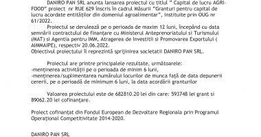 Anunt incepere proiect grant pentru capital de lucru AGRI-FOOD acordat lui DANIRO PAN SRL - 2