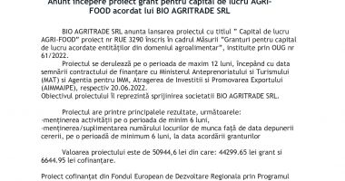 Anunt incepere proiect grant pentru capital de lucru AGRI-FOOD acordat lui BIO AGRITRADE SRL - 2
