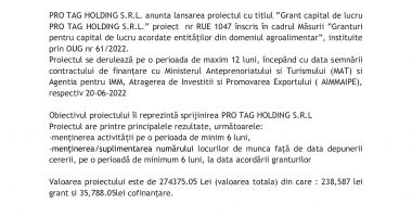 Inceperea proiectului – Grant capital de lucru PRO TAG HOLDING S.R.L. - 2