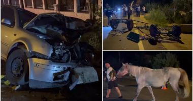 Stire din Eveniment : Căruţă făcută bucăţi într-un accident terifiant. O maşină a spulberat-o, apoi s-a înfipt într-un cap de pod