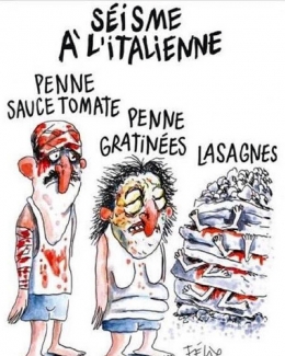 Stire din Actualitate : Italienii, înfuriați de o caricatură  din Charlie Hebdo în care  victimele cutremurului  sunt prezentate ca varietăți de paste