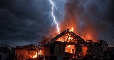 Stire din Eveniment : Casă distrusă de fulger. Un bărbat a ajuns la spital cu arsuri după ce a încercat să stingă incendiul