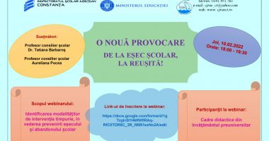 Stire din Cultură-Educație : Peste 500 de profesori interesați de webinarul „O nouă provocare – de la eșec școlar, la reușită!"