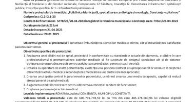 ”Policlinica Municipală, specializarea cardiologie și oncologie, Constanța - spital nou”, în cadrul Planului Național de Redresare și Reziliență, Componenta 12 Sănătate, Investiția I2. - 2