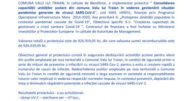 Finalizarea proiectului  „ Consolidarea capacității unităților școlare din comuna Valu lui Traian în vederea gestionării situației pandemice generate de virusul SARS-CoV-2  ” - 2