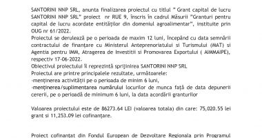 Finalizarea proiectului – Grant capital de lucru SANTORINI NNP SRL - 2