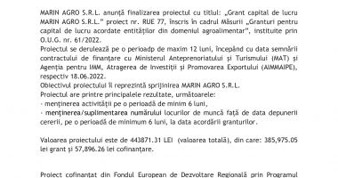 Finalizarea proiectului – Grant capital de lucru MARIN AGRO S.R.L. - 2