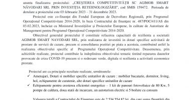 Finalizare proiect cu titlul „CREȘTEREA COMPETITIVITĂȚII SC AGIMOB SMART  NĂVODARI SRL PRIN INVESTIȚIA RETEHNOLOGIZĂRII” - 2