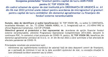 Începerea proiectului “Granturi pentru capital de lucru AGRI-FOOD  pentru SC TOP VISION SRL - 2