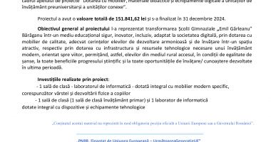 Comuna Bărăganu a implementat proiectul „Școala Gimnazială „Emil Gârleanu” Bărăganu – o școală a viitorului!” - 2