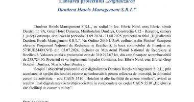 Lansarea proiectului „Digitalizarea Dunărea Hotels Management S.R.L.” - 2