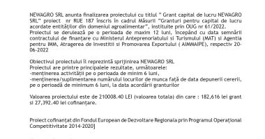 Finalizarea proiectului – Grant capital de lucru NEWAGRO SRL - 2