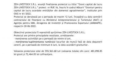 Finalizarea proiectului – Grant capital de lucru ZEN-LIVESTOCK S.R.L. - 2