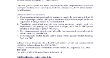Anunț final privind proiectul  „Centrală Electrică Fotovoltaică 3,2 MWp SANTIERUL NAVAL CONSTANTA” - 2