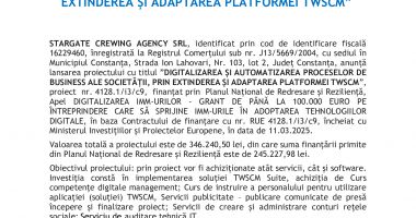 DIGITALIZAREA ȘI AUTOMATIZAREA PROCESELOR DE BUSINESS ALE SOCIETĂȚII, PRIN EXTINDEREA ȘI ADAPTAREA PLATFORMEI TWSCM - 2