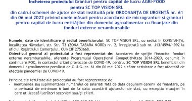 Încheierea proiectului Granturi pentru capital de lucru AGRI-FOOD pentru SC TOP VISION SRL - 2