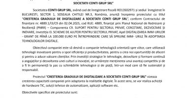 Anunț privind începerea implementării proiectului cu titlul „CRESTEREA GRADULUI DE DIGITALIZARE A  SOCIETATII CONTI GRUP SRL” - 2