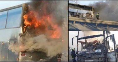 Stire din Eveniment : A luat foc în mers! Autocar ars în totalitate. Din fericire, fără victime