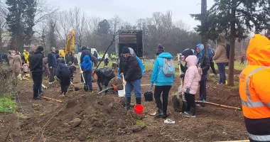 Stire din Cultură-Educație : Lecție de implicare! Ploaia nu a oprit voluntarii să planteze copaci la Palatul Copiilor