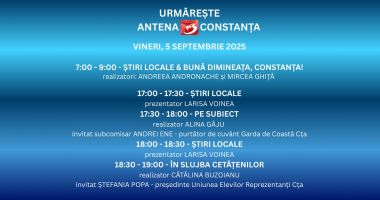Stire din Actualitate : Programul zilei de vineri, 5 septembrie, la Antena 3 Constanța