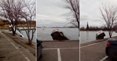 FOTO / Intervenție în Parcul Tăbăcărie. O mașină a ajuns în lac