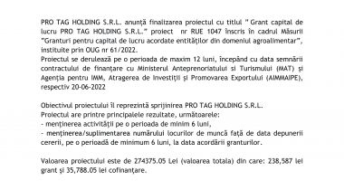 Finalizarea proiectului - Grant capital de lucru PRO TAG HOLDING S.R.L - 2