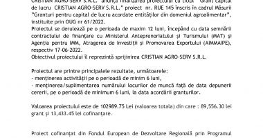 Finalizarea proiectului – Grant capital de lucru  CRISTIAN AGRO-SERV S.R.L. - 2