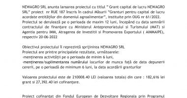 Inceperea proiectului – Grant capital de lucru NEWAGRO SRL - 2