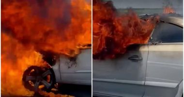 Stire din Eveniment : Un autoturism a luat foc din senin, în mers. Şoferul a reuşit să iasă din maşină