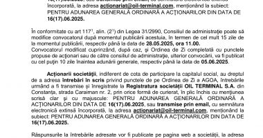 Consiliul de Administrație al Societății OIL TERMINAL S.A. convoacă Adunarea Generală Ordinară a Acţionarilor - 3