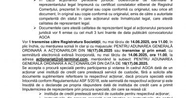 Consiliul de Administrație al Societății OIL TERMINAL S.A. convoacă Adunarea Generală Ordinară a Acţionarilor - 5