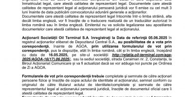 Consiliul de Administrație al Societății OIL TERMINAL S.A. convoacă Adunarea Generală Ordinară a Acţionarilor - 6