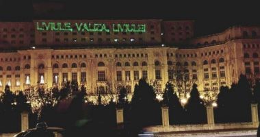 Stire din Eveniment : "Liviule, valiza, Liviule", proiecție laser pe clădirea Palatului Parlamentului. Protestul, oprit de jandarmi