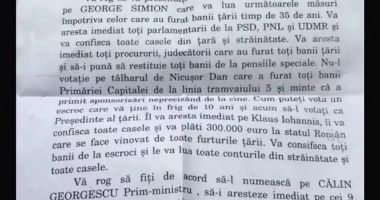 Stire din Actualitate : Sibienii au primit scrisori în care li se spune să-l voteze pe Simion: "Îl va aresta imediat pe Iohannis"