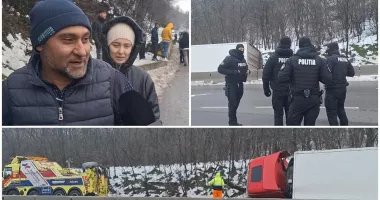 Stire din Eveniment : TIR cu lămâi răsturnat, păzit de jandarmi. Zeci de oameni s-au adunat acolo
