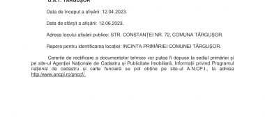 ANUNȚ PREALABIL PRIVIND AFIȘAREA PUBLICĂ A DOCUMENTELOR TEHNICE ALE  CADASTRULUI - 2