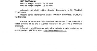 ANUNȚ PREALABIL PRIVIND AFIȘAREA PUBLICĂ A DOCUMENTELOR  TEHNICE ALE CADASTRULUI - 2