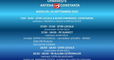 Stire din Actualitate : Programul zilei de miercuri, 10 septembrie, la Antena 3 Constanța