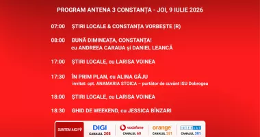 Programul zilei de miercuri, 9 iulie, de la Antena 3 Constanța