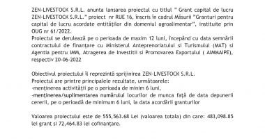 Inceperea proiectului – Grant capital de lucru ZEN-LIVESTOCK S.R.L. - 2