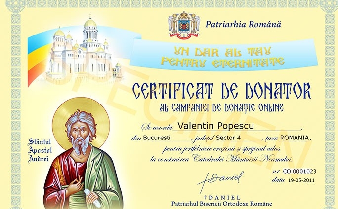 Patriarhul Daniel oferă certificate de donator pentru Catedrala Neamului - certificatdedonator76751600-1312529171.jpg