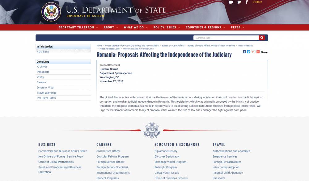 Departamentul de Stat american cere Parlamentului României să respingă legile justiției - dep-1511821505.jpg